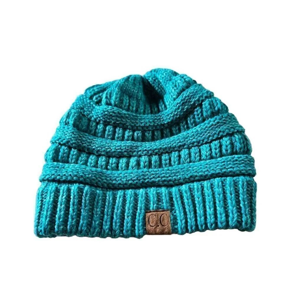 CC boho turquoise teal Chunky Stretch Cable Knit Women beanie hat OS
